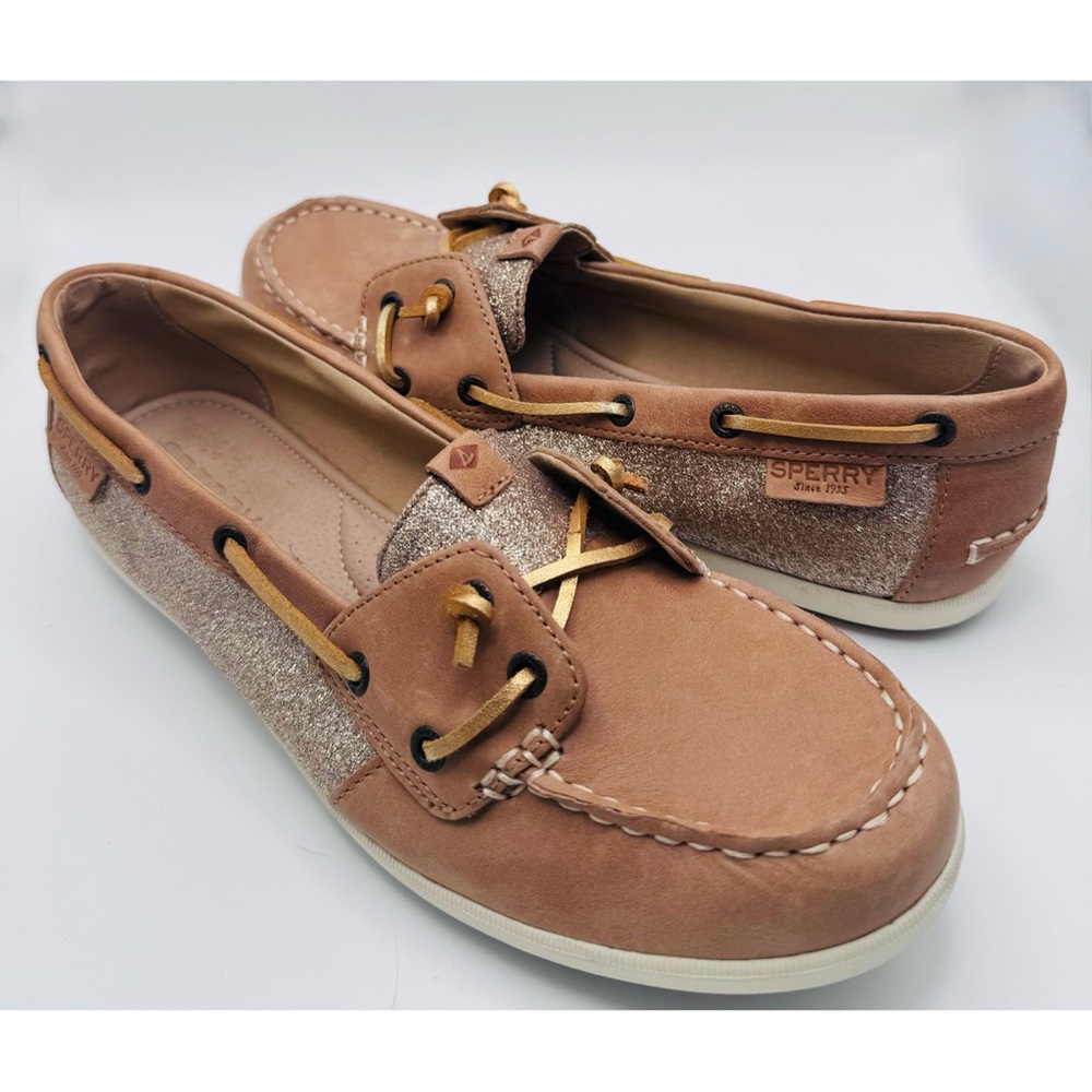 Sperry Women's Brown/Glitter Boat Shoes with Gold Accents